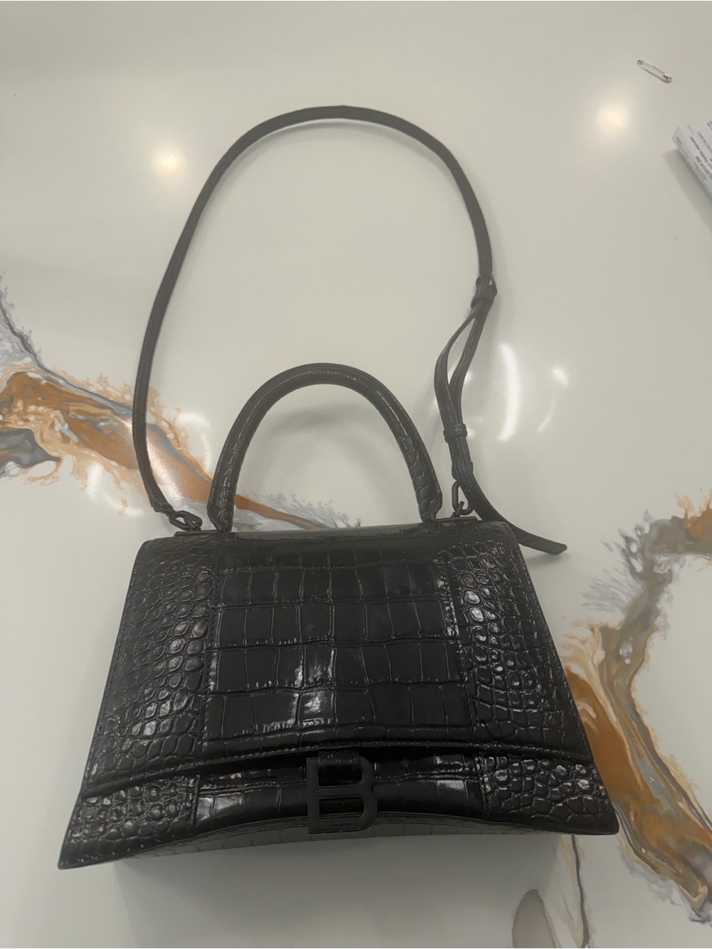 Balenciaga Black Croc-Embossed Top Handle Shoulder Bag